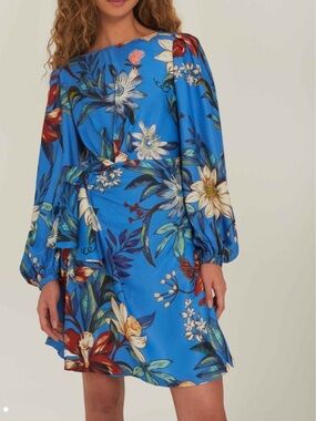 Blue Surreal Flowers Wrap Lenzing™ Ecovero™ Mini Dress NWT